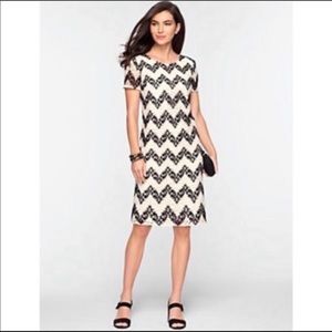 Talbots chevron shift dress shirt sleeve crocheted overlay cream black size 10P